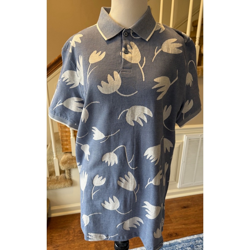 Ben Sherman Mens Blue White Tulip Floral Jacquard Knit Polo Shirt Medium